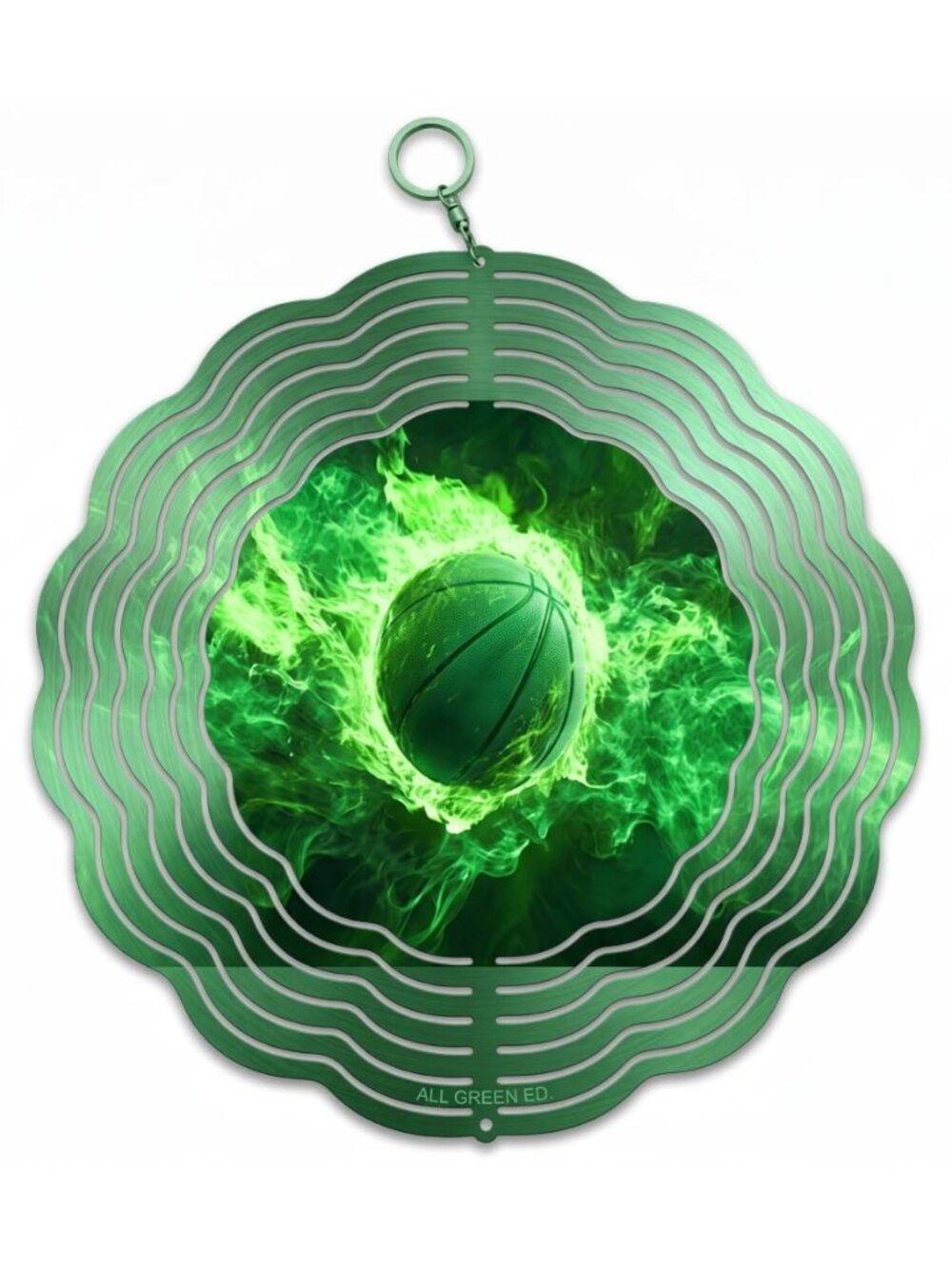 10" Fire Basketball Kinetic Wind Spinner - Green Metal Hanging Garden Yard Decor